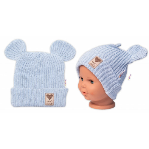 Pletená bavlněná čiapka s uškami, dvojvrstvová, Hand Made Baby Nellys, modrá, veľ. 68/74
