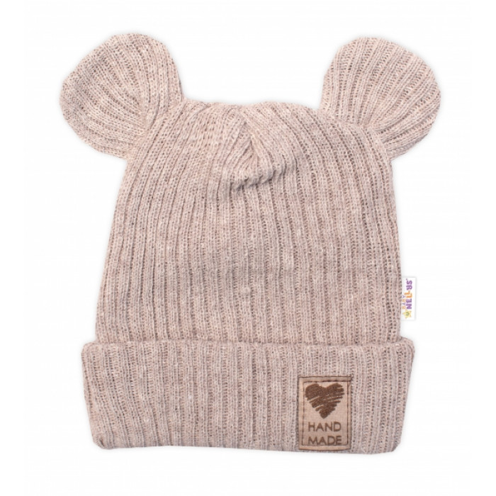Pletená bavlněná čiapka s uškami, dvojvrstvová, Hand Made Baby Nellys, béžová Pletená bavlněná čiapka s uškami, dvojvrstvová, Hand Made Baby Nellys, béžová