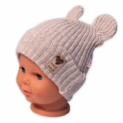 Pletená bavlněná čiapka s uškami, dvojvrstvová, Hand Made Baby Nellys, béžová