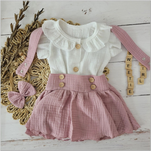 Mušelínová suknička s lacnom, bodýčko a čelenka, 3D sada, biela/staroružová