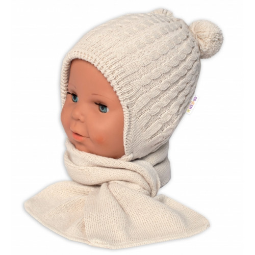 Zimní čepice na zavazování s bambulky + šál, Baby Nellys - béžová