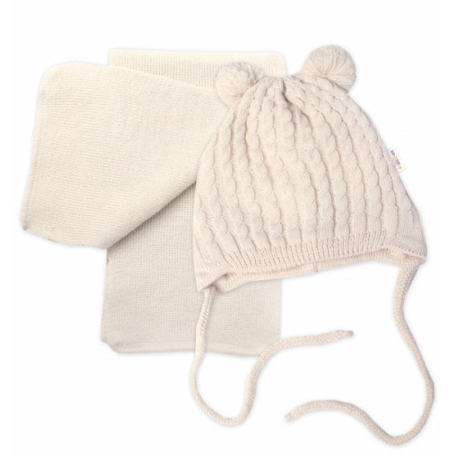 Zimní čepice na zavazování s bambulky + šál, Baby Nellys - béžová