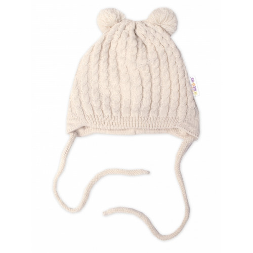 Zimná čiapka na zaväzovanie s brmbolcami + šál, Baby Nellys - béžová, vel. 74/80