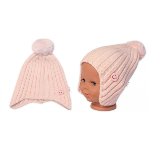 Detská zimná čiapka s brmbolcom Smile, Baby Nellys - púdrovo ružová, veľ. 48-54 cm