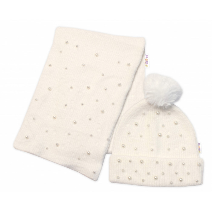 Zimná čiapka s brmbolcom + šál, Pearls, Baby Nellys - smotanová, veľ. 54/58 Zimná čiapka s brmbolcom + šál, Pearls, Baby Nellys - smotanová, veľ. 54/58