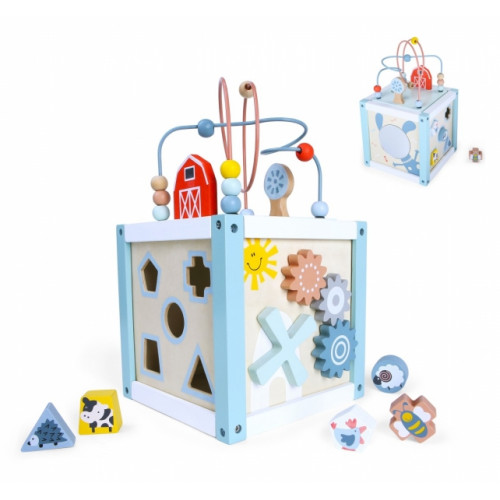 Edukačná drevená kocka s labyrintom 5v1 Eco toys, modrá