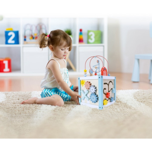 Edukačná drevená kocka s labyrintom 5v1 Eco toys, modrá