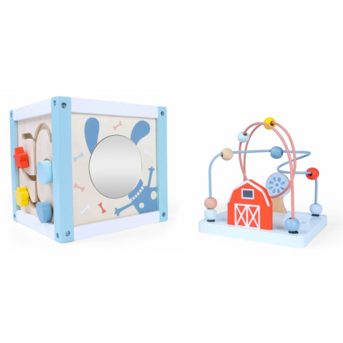 Edukačná drevená kocka s labyrintom 5v1 Eco toys, modrá