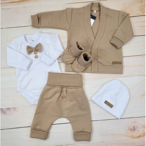 Bavlnená sada, body, nohavice, motýlik a čiapka Elegant Boy 5D, Kazum, mocca/biela, veľ.68