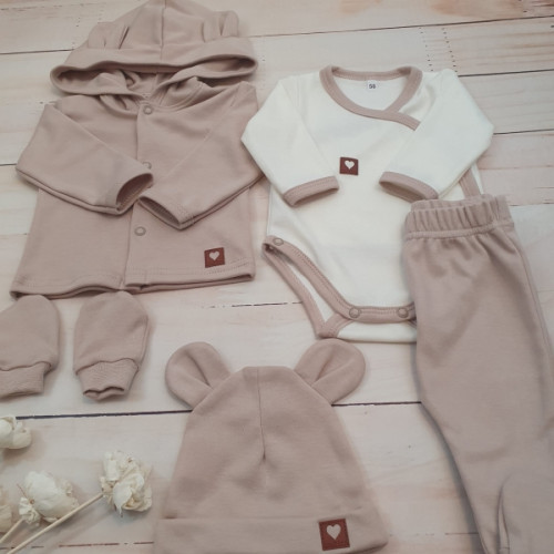 Sada do pôrodnice 5D, body, polodupačky, kabátik, čiapočka, rukavičky, béžová, veľ. 56