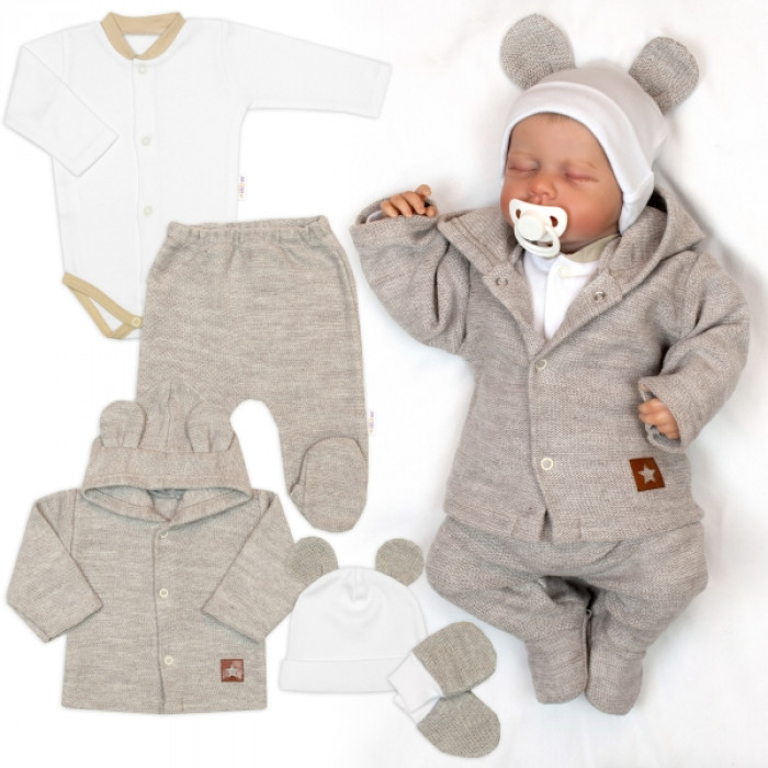 Pletená sada, Star Boy 5D, body, polodupačky, sveter, čiapočka, rukavice - béžová, biela Pletená sada, Star Boy 5D, body, polodupačky, sveter, čiapočka, rukavice - béžová, biela