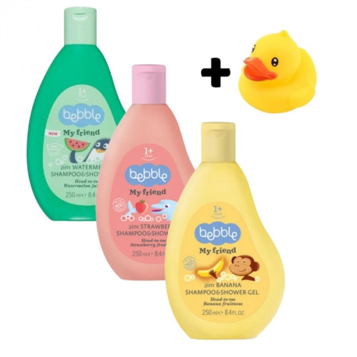Výhodné balenie - Detský šampón a sprchový gél 2v1 Jahoda, banán, melón - 3x250ml + darček Výhodné balenie - Detský šampón a sprchový gél 2v1 Jahoda, banán, melón - 3x250ml + darček