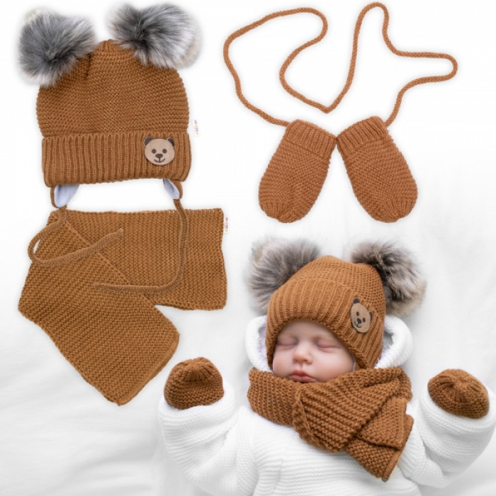 Detská sada, zimná čiapka so šálom + rukavičky 3D, Teddy Bear - hnedá Detská sada, zimná čiapka so šálom + rukavičky 3D, Teddy Bear - hnedá