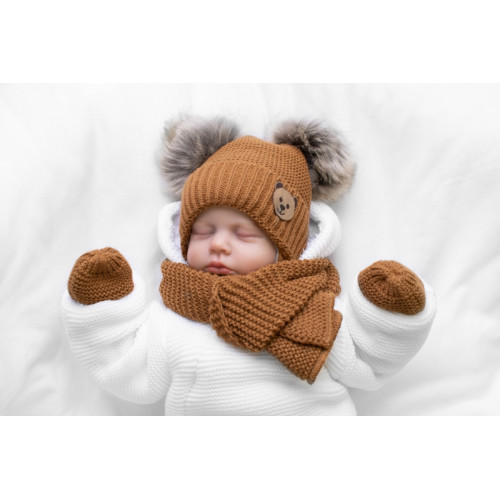 Detská sada, zimná čiapka so šálom + rukavičky 3D, Teddy Bear - hnedá