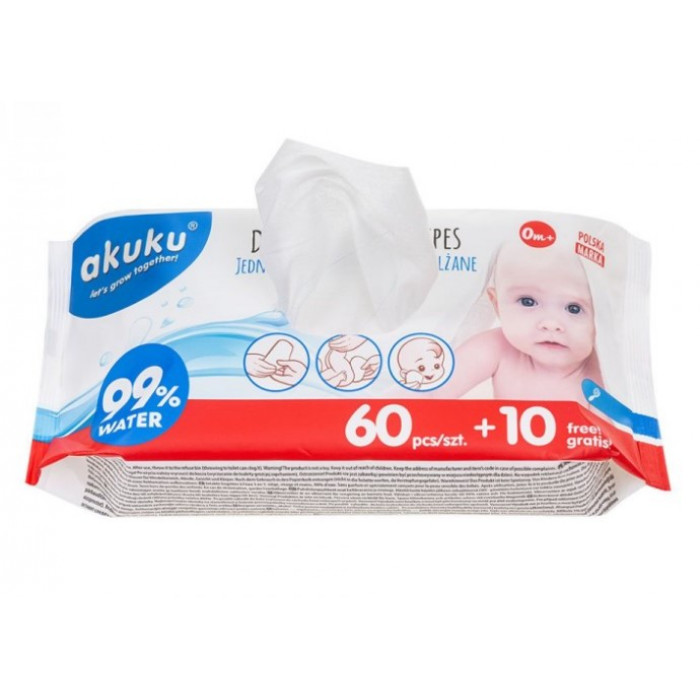 Akuku Detské vlhčené obrúsky 99% vody, 60 + 10 ks ZADARMO