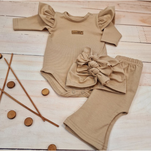 Body s volánikmi, legíny do zvonu a čiapočka, 3D, bavlna, cappuccino, veľ. 86