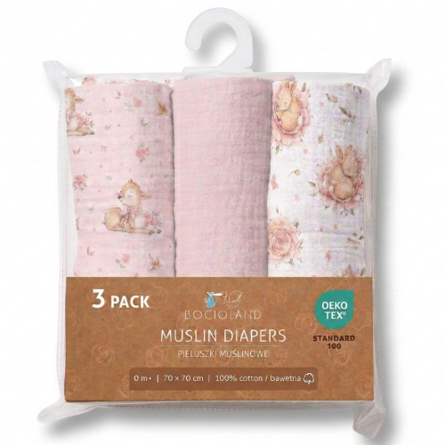 Mušelínové plienky pre bábätko 3 ks 70 × 70 cm z jemnej bavlny - ružové, Srnky a ružičky