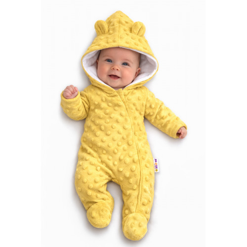 Baby Nellys Kombinézka /overal Minky s kapucňou a uškami -žltá, vel. 80