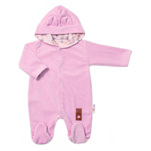 Baby Nellys Dvojvrstvový velúrový overal s kapucňou Bunny, ružový, veľ. 80