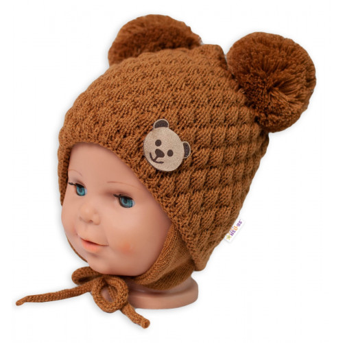 Zimná pletená čiapka Teddy na zaväzovanie, hnedá