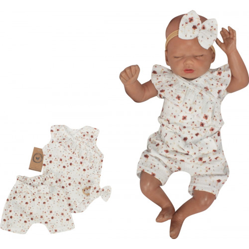 Zavinovacie body s volánikom, kraťasy + čelenka mušelín, 3D,Z&Z Kvetinky, smotanové,veľ.74