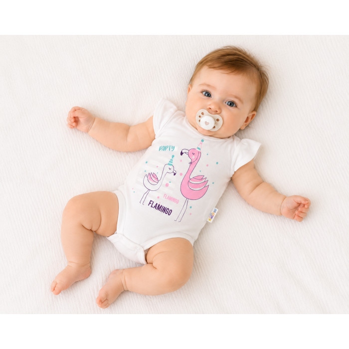 Baby Nellys Bavlnené dojčenské body, kr. rukáv, Flamingo - biele