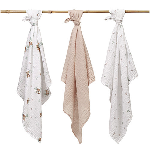 Mušelínové plienky BabyOno, Super Soft béžové, 100% bavlna, 3 ks x 70x70 cm, Medvedík II