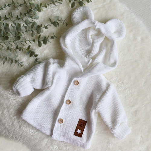 Elegantný pletený svetrík s gombíkmi a kapucňou s uškami Baby Nellys, biely, veľ. 86