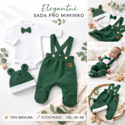Bavlnená súprava Gentleman 3D, body, polodupačky s laclom, čiapočka, tm. zelená, 68
