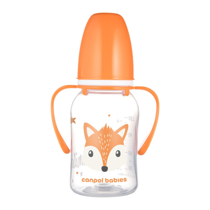 Detská fľaša s držadlami Cute Animals 120 ml – silikónový cumlík, oranž