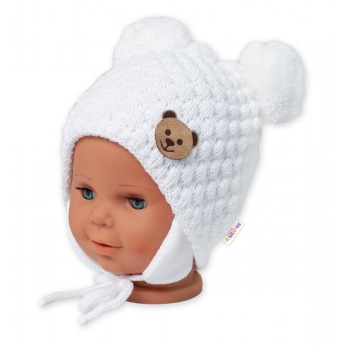 Zimná pletená čiapka Teddy Bear na zaväzovanie, biela/smotanová