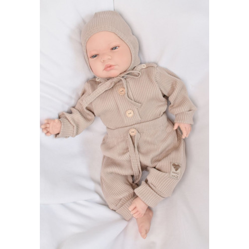 Baby Nellys 3-dielna rebrovaná súpr. Hand Made, body, tepláčiky a čiapočka, béžová, veľ.62