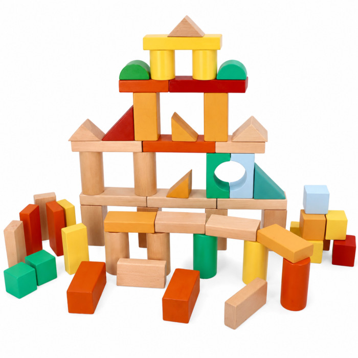 Drevené stavebné kocky Adam Toys 100 ks vo vedierku so sorterom – farebné kocky pre deti
