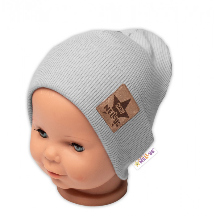 Baby Nellys Rebrovaná dvojvrstvová čiapka s lemom - sivá, veľ. 92/98
