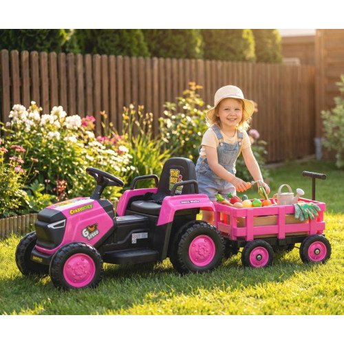 Elektrický traktor s prívesom Rolly 12V, detské autíčko na akumulátor, ružový