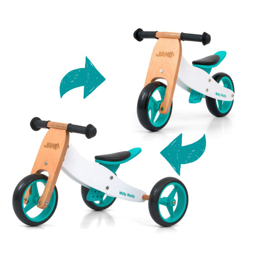 Drevené odrážadlo JAKE 2v1, trojkolka aj bicykel, 12–36 mesiacov, biela, mäta, Milly Mally