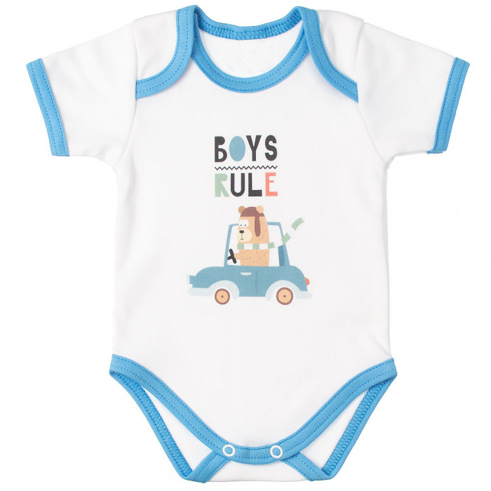MBaby Bavlnené body s krátkym rukávom, Méďa Boys Rule, bielo/modré