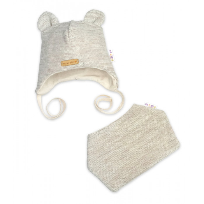 Pletená čiapka s bavlnenou podšívkou a šatkou 2v1, Teddy Hand made - svetlo béžová, 68/74