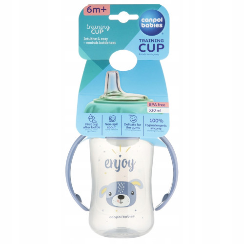 Tréningový hrnček s mäkkým silikónovým pítkom 320 ml, netekúci, modrý