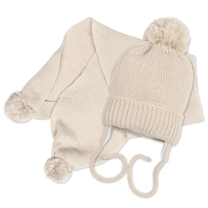 Zimná čiapka s šálom - NATURE, 0-6m - béžová