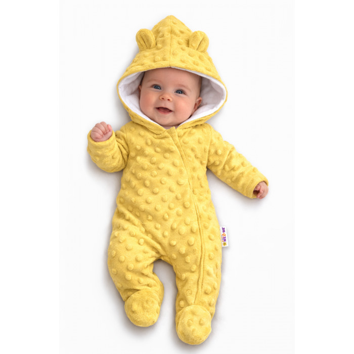 Baby Nellys Kombinézka /overal Minky s kapucňou a uškami -žltá