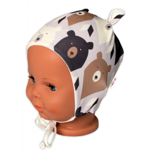 Baby Nellys Dojčenská čiapočka s uškami na zaväzovanie - Medvede, hnedá, veľ. 68/74