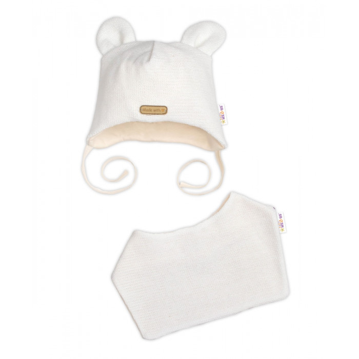 Pletená čiapka s bavlnenou podšívkou a šatkou 2v1, Teddy Hand made - kokosová biela, 68/74