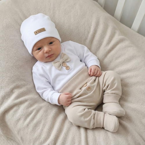 Bavlnená sada, body, nohavice, motýlik a čiapka Elegant Boy 5D, béžová/biela, veľ. 86