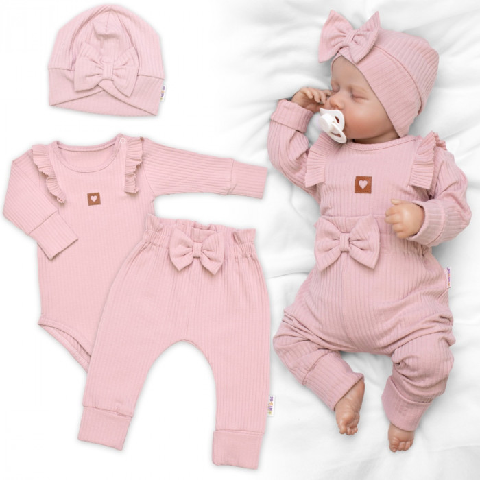 Rebrovaná rastúca súprava 3D, Baby Girl - pudrovo rúžová, veľ.68/74