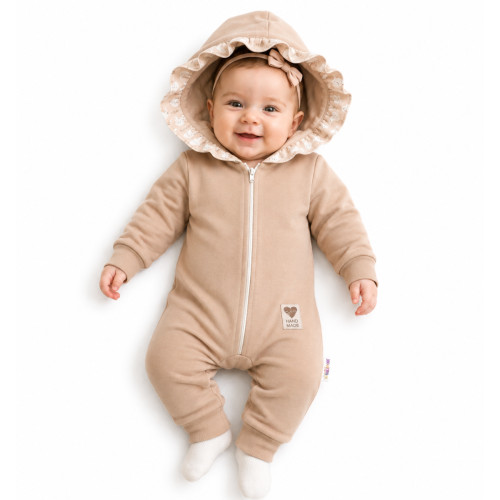 Baby Nellys Teplákový overal s kapucňou a volánikom, New Bunny - cappuccino, veľ. 74