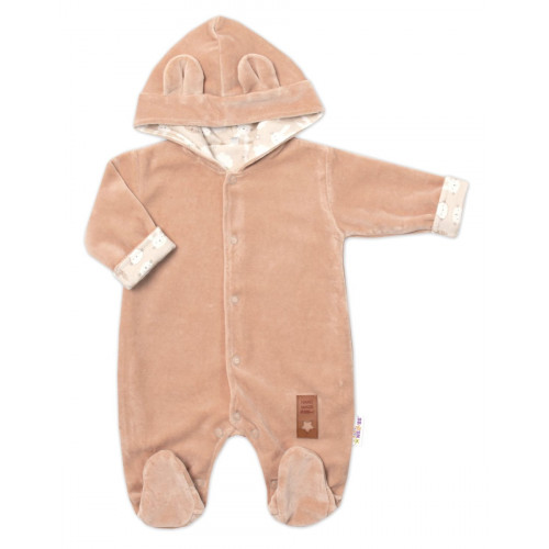Baby Nellys Dvojvrstvový velúrový overal s kapucňou New Bunny, hnedý, veľ. 80