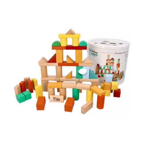 Drevené stavebné kocky Adam Toys 100 ks vo vedierku so sorterom – farebné kocky pre deti