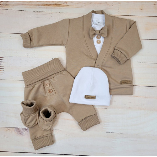 Bavlnená sada, body, nohavice, motýlik a čiapka Elegant Boy 5D, Kazum, mocca/biela