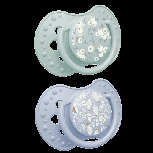 Dynamický cumlík 3–6 m, 2 ks, silikónový, symetrický, nenarúša sací reflex, Blossom blue